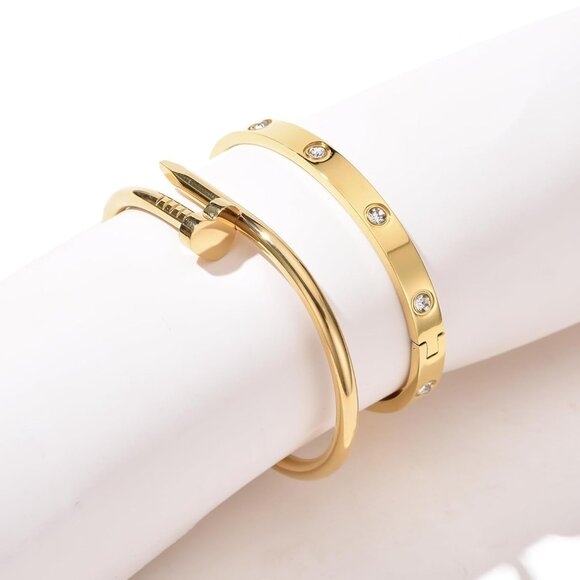 Stainless Steel Love Bangle Set Gold Plated Stackable Jewelry For Women - Picture 6 of 7